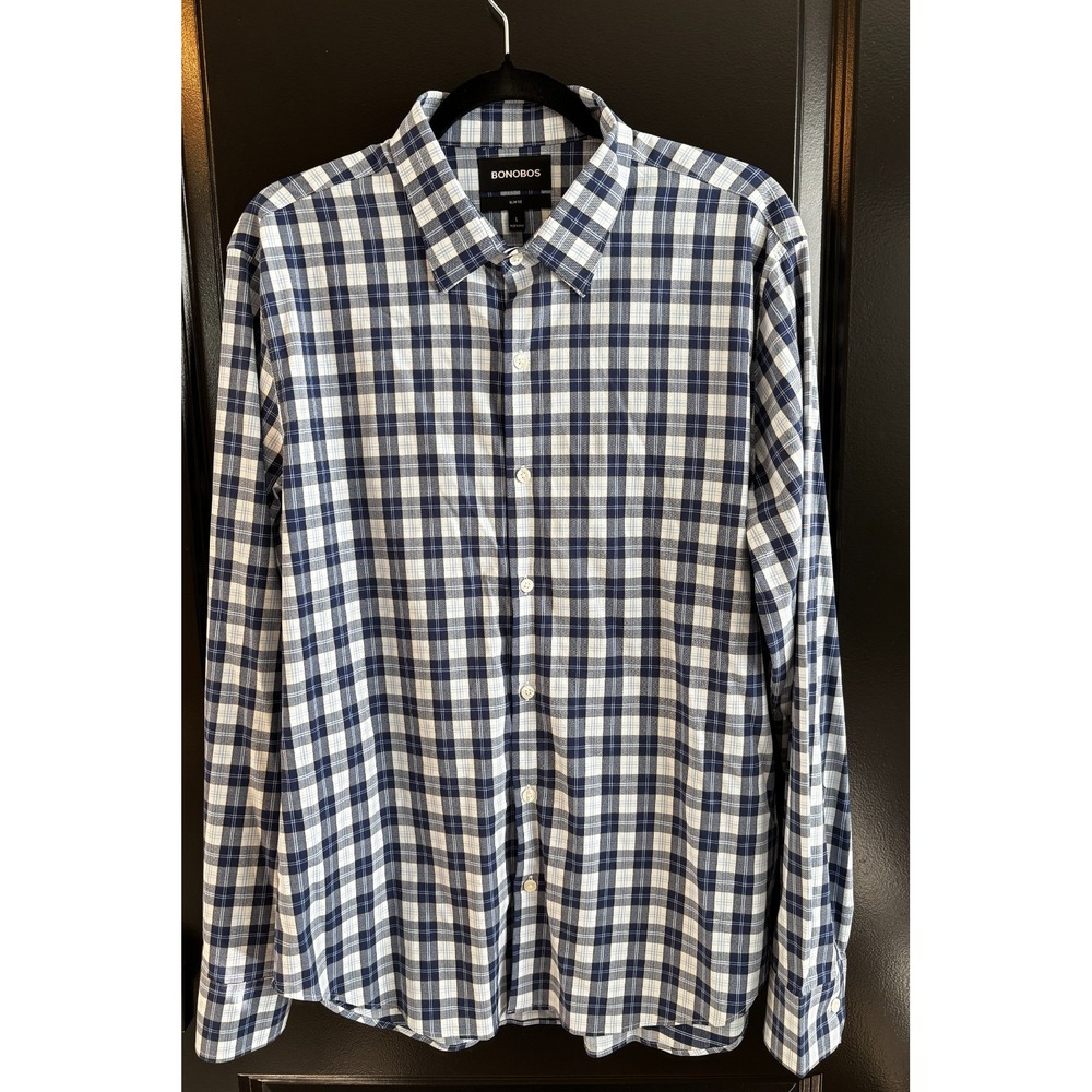 Bonobos Mens Slim Fit Long Sleeve Button Up Shirt Blue Plaid Lightweight Large